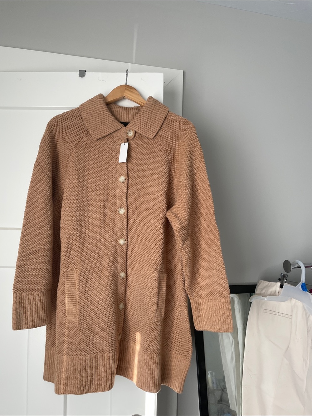 Talbots Camel Textured Knit Button-Front Cardigan Coat